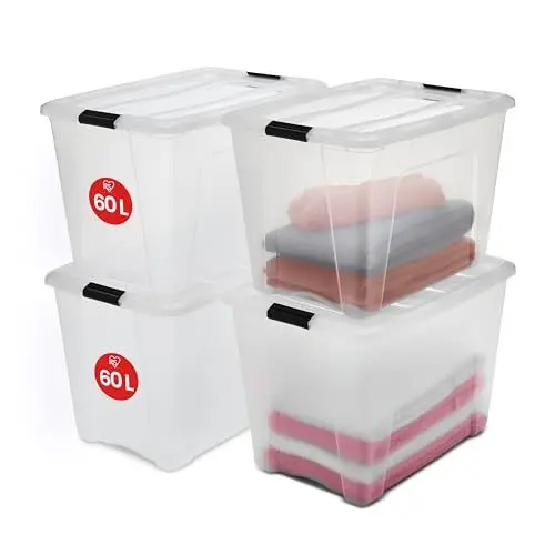 Produktbild: Iris Ohyama Aufbewahrungsboxen mit Deckel, 60L, 4er-Set, Transparent, Sicherer Verschluss, Stapelbar, Griffe, für Schlafzimmer, Schrank, Organisation, BPA-freies Plastik, Ordnungsboxen, NTB-60