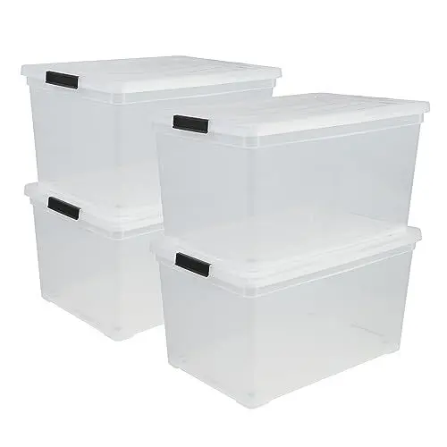 Produktbild: Iris Ohyama, Aufbewahrungsbox aus Kunststoff, 50 l Büro-Aufbewahrungsbox, 4er-Set, NCS-320, transparent, stapelbar, Verschlussclips, B54 x T39,5 x H30,5 cm