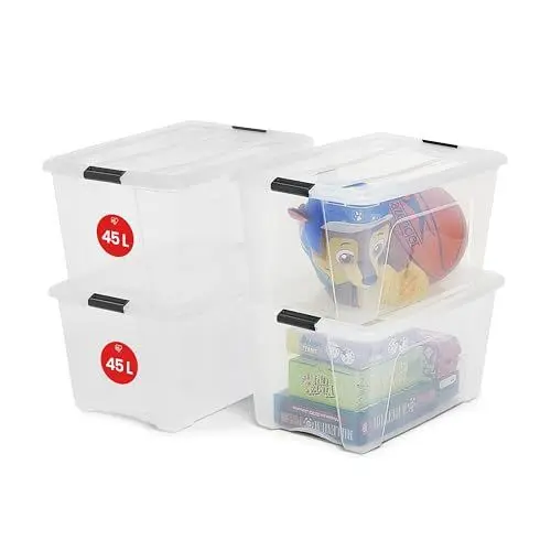 Produktbild: Iris Ohyama Aufbewahrungsboxen mit Deckel, 45L, 4er-Set, Transparent, Sicherer Verschluss, Stapelbar, Griffe, Schlafzimmer, Schrank, Büro, Organisation, BPA-freies Plastik, Ordnungsboxen, NTB-45