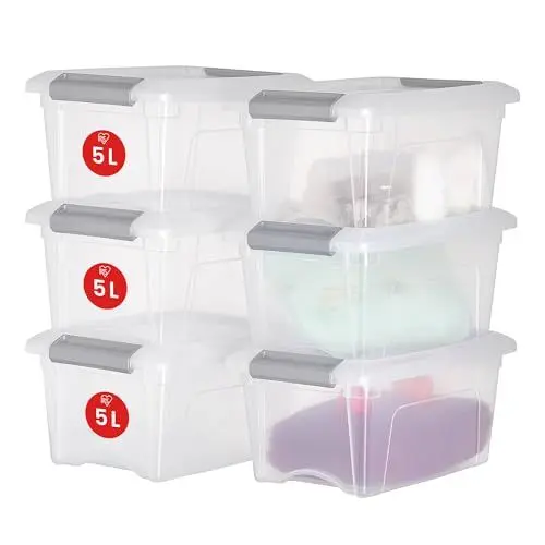 Produktbild: Iris Ohyama Aufbewahrungsboxen mit Deckel, 5L, 6er-Set, Silber, Sicherer Verschluss, Stapelbar, Griffe, Schlafzimmer, Schrank, Büro, Organisation, BPA-freies Plastik, Ordnungsboxen, NTB-5