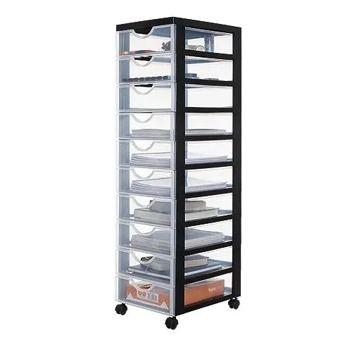 Produktbild: Iris Ohyama Kunststoff-Schubladenbox mit Rollen, 10 flachen Schubladen, Schwarz, Griffe zum Ziehen, Für Schlafzimmer, Schule & Büro, BPA-frei, Schubladenschrank, Rollcontainer, A4 Drawer, DDDC-010