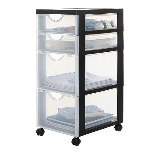 Produktbild: Iris Ohyama Kunststoff-Schubladenbox mit Rollen, 2 tiefe und 2 flache Schubladen, Schwarz, Griffe zum Ziehen, Für Schlafzimmer, Schule & Büro, BPA-frei, Schubladenschrank, Rollcontainer, DDDC-322