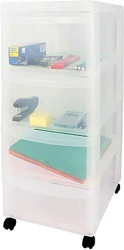 Produktbild: Iris Ohyama Kunststoff-Schubladenbox mit Rollen, 4 flachen Schubladen, Mattweiß, Griffe zum Ziehen, Für Schlafzimmer, Bad, Schule & Büro, BPA-frei, Schubladenschrank, Rollcontainer, A4 Drawer, DC-004