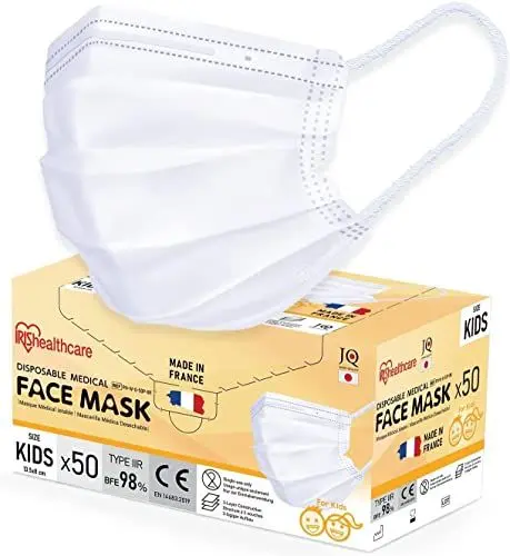Produktbild: Iris Ohyama, Satz von 50 chirurgischen Einwegmasken Typ IIR Made in France, Größe S, 3 Lagen, BFE 98%, spritzwassergeschützt, elastisch Anti-Reizung - Schutzmaske PN - Weiß