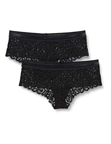 Produktbild: Iris & Lilly Damen Freches Hipster-Höschen aus Spitze mit Besatzdetail, 2er-Pack, Schwarz, 38