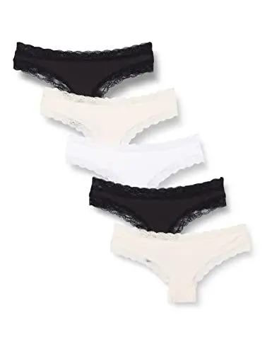 Produktbild: Iris & Lilly Damen Tanga-Unterwäsche Baumwolle und Spitze, 5er-Pack, Schwarz/Blassrosa/Weiß, 36