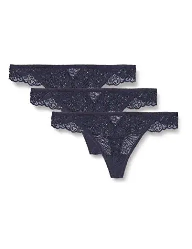Produktbild: Iris & Lilly Damen Tangahöschen aus Spitze mit Taillendetail, 3er-Pack, Dunkles Marineblau, 36