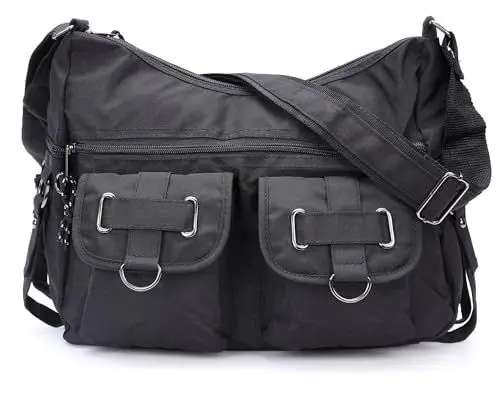 Produktbild: irisaa Damen Schultertasche, Canvas Multifunkionale Umhängetasche, Casual Handtasche mit vielen fächern Unisex, DKB Farbe:Schwarz