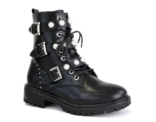 Produktbild: irisaa Damen Stiefeletten Stiefel schwarz mit Strass oder Perlen Schnür Biker Boots, Größe Normal:37, Winterschuhe Farbe 2019:Black Black