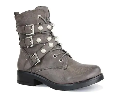 Produktbild: irisaa Damen Stiefeletten Stiefel schwarz mit Strass oder Perlen Schnür Biker Boots, Größe Normal:37, Winterschuhe Farbe 2019:Grau