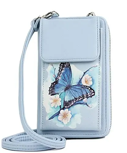 Produktbild: irisaa Kleine Handy Umhängetasche, Geldbörse Damen Brieftasche RFID Schutz Crossbody Handytasche Reisepass mit Kartenfächern und Verstellbarem Schultergurt, Damen Tasche:Blau Schmetterling