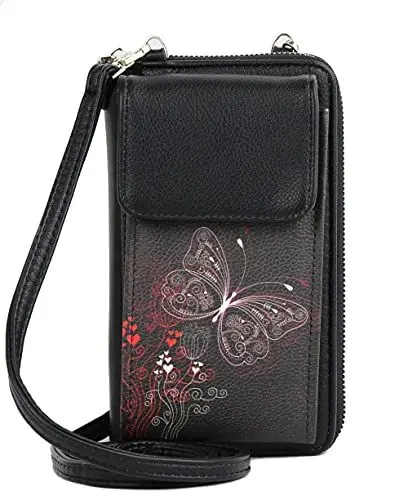 Produktbild: irisaa Kleine Handy Umhängetasche, Geldbörse Damen Brieftasche RFID Schutz Crossbody Handytasche Reisepass mit Kartenfächern und Verstellbarem Schultergurt, Damen Tasche:Schwarz Schmetterlinge
