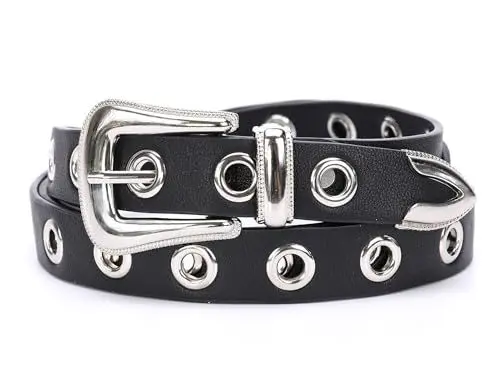 Produktbild: irisaa Nietengürtel Damen Schwarz, Gürtel Punk Schmal, Gothic Style, Taillengürtel Einheitsgröße, ca. 2.5 CM breit, Damen Taillengürtel 2020:Silber Schwarz