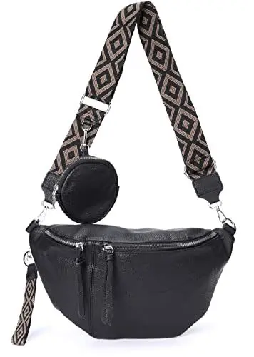 Produktbild: irisaa Umhängetasche Damen Crossbody Bag, 3 in 1 Schultertasche, Bauchtasche mit Reißverschluss und Verstellbarem breitem Gurt, Handtasche für Männer Frauen, DKB Farbe:Schwarz Separat