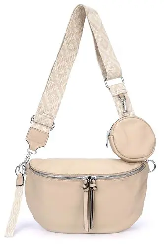 Produktbild: irisaa Umhängetasche Damen Crossbody Bag, 3 in 1 Schultertasche, Bauchtasche mit Reißverschluss und Verstellbarem breitem Gurt, Handtasche für Männer Frauen, DKB Farbe:Taupe