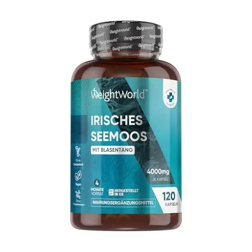 Produktbild: Irisches Seemoos 4000mg - 120 Kapseln mit Blasentang - 4 Monate Vorrat - 1 Kapsel täglich - Frei von Magnesiumstearat - Vegan - Ohne Gentechnik - WeightWorld