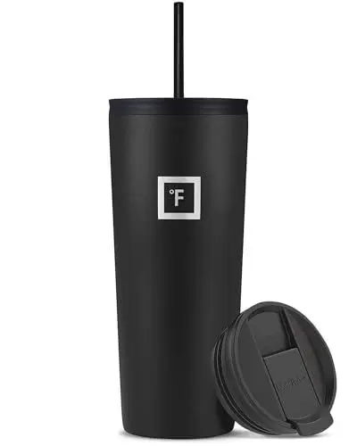 Produktbild: IRON °FLASK Classic Tumbler 2.0 – 2 Deckel (Straw Flip), vakuumisolierte Edelstahl-Wasserflasche, doppelwandig, Trinkbecher, Reisebecher – Mitternachtsschwarz, 24 oz