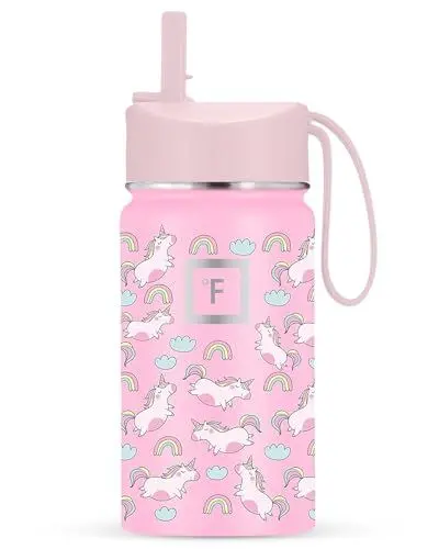 Produktbild: IRON °FLASK Kinder-Wasserflasche – 400 ml, Strohhalmdeckel, 20 Namensaufkleber, vakuumisolierter Edelstahl, doppelwandiger Becher, Reisebecher, Thermobecher, Metallkanine, Sternenstaub-Einhörner