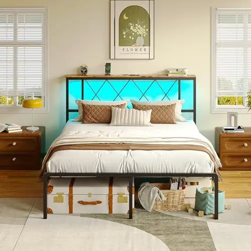 Produktbild: IRONCK Bett 140x200 mit LED Beleuchtung, Bettgestell 140x200 mit Steckdose, 1 USB, 1 Typ-C-Anschlüsse, Metallbett mit Kopfteil und Stauraum, Jugendbett, Doppelbett mit Metal Lattenrost