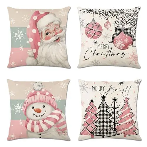 Produktbild: Irtyif Kissenbezug Weihnachten,Kissenbezüge,4er Set Weihnachten Kissenbezüge,Kopfkissenbezug Weihnachten,45x45cm,Leinen Dekorative Zierkissenbezüge,für Deko Weihnachten Sofa Schlafzimmer Couch(Rosa)