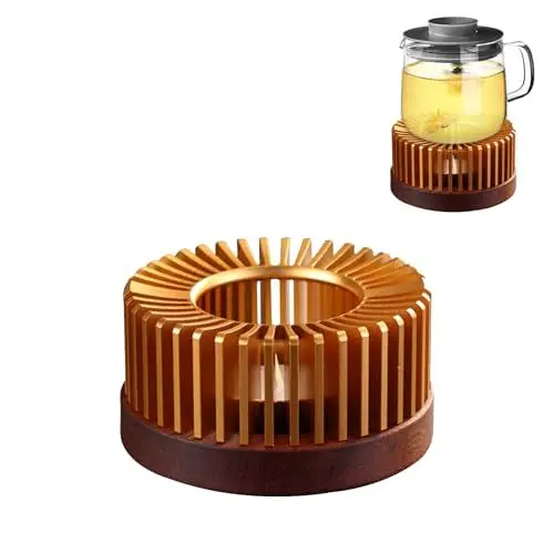 Produktbild: Irtyif Stövchen Für Teekanne - Teewärmer Aus Legierungen Mit Holzsockel, Isolierung Aushöhlen, Für Erwärmen und Aufwärmen von Milch, Tee und Kaffee (Gold, 11cm)