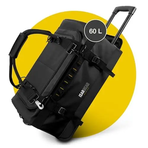 Produktbild: Isar Gear® Reisetasche mit Rollen 60 Liter - Outdoor Travel Bag (Schwarz) aus wetterfestem Material - Großer Reisekoffer mit Rollen, Sporttasche mit Rollen, Duffle Bag - Trolley (Koffertasche)