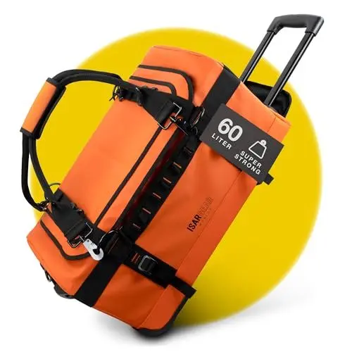 Produktbild: Isar Gear® Reisetasche mit Rollen 60 Liter - Outdoor Travel Bag (Orange) aus wetterfestem Material - Großer Reisekoffer mit Rollen, Sporttasche mit Rollen, Duffle Bag - Trolley (Koffertasche)