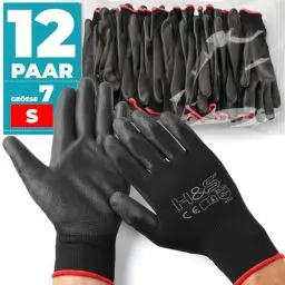 Produktbild: ISC Hygiene & Safety Arbeitshandschuhe Herren Damen Kinder - Schutz Handschuhe für Arbeit Werkstatt Mechaniker Gartenhandschuhe - 12 Paar Größe 7 S Small - Nylon PU-beschichtet mit Grip Tastgefühl