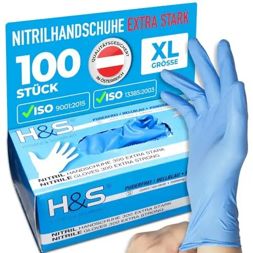 Produktbild: ISC Hygiene & Safety Nitrilhandschuhe EXTRA stark, Einweghandschuhe, Einmalhandschuhe - 100 Stück Größe 10 XL, blau - puderfrei non latex latexfrei - Gummihandschuhe Einweg