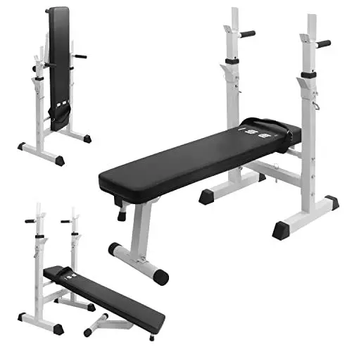 Produktbild: ISE Fitness Hantelbank Drückerbank Trainingsbank mit 5 Stufen Verstellbarer Ablage（91-110cm) und Dip-Griffen Fitnessgerät klappbar weiß SY-544-WH