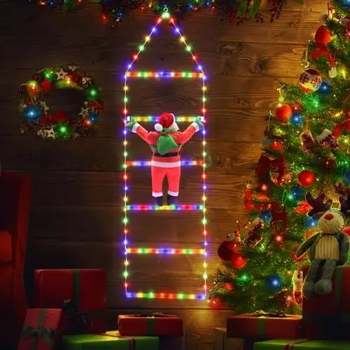 Produktbild: iShabao 1M Leiter Lichterkette mit Weihnachtsmann - 132 LED Weihnachtsbeleuchtung Strombetrieben mit Timer, Speicherfunktion, 8 Modi, für Innen Außen Weihnachtsbaum Weihnachten Deko (Bunt)