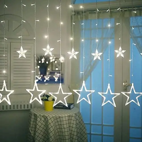 Produktbild: iShabao Lichterkette Sterne Strom 138 LED Weihnachtsbeleuchtung Fenster, 2.4x1m Lichtervorhang Fenster Weihnachten mit 12er Sterne, Lichterkette Innen Sterne mit Timer für Weihnachtsdeko (Weiß)