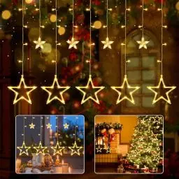 Produktbild: iShabao Lichterkette Sterne Strom 138 LED Weihnachtsbeleuchtung Fenster, 2.4x1m Lichtervorhang Fenster Weihnachten mit 12er Sterne, Lichterkette Innen Sterne mit Timer für Weihnachtsdeko (Warmweiß)