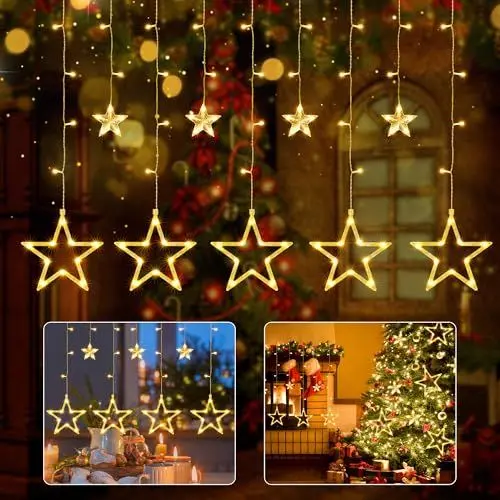 Produktbild: iShabao Lichterkette Sterne Strom 138 LED Weihnachtsbeleuchtung Fenster, 2.4x1m Lichtervorhang Fenster Weihnachten mit 12er Sterne, Lichterkette Innen Sterne mit Timer für Weihnachtsdeko (Warmweiß)