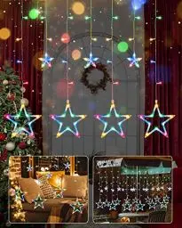 Produktbild: iShabao Lichterkette Sterne Strom 138 LED Weihnachtsbeleuchtung Fenster, 2.4x1m Lichtervorhang Fenster Weihnachten mit 12er Sterne, Lichterkette Innen Sterne mit Timer für Weihnachtsdeko (Bunt)