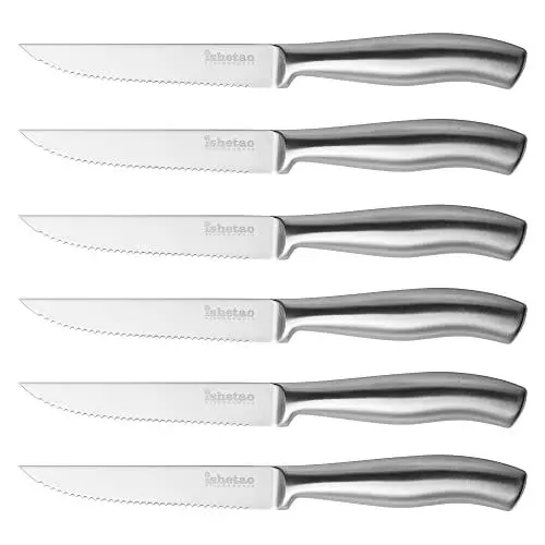 Produktbild: isheTao Steakmesser-Set, 6-teilig, Extra Scharfe Klinge, Wellenschliff, spülmaschinengeeignet, 12 cm, Rostfreier Stahl, Silber