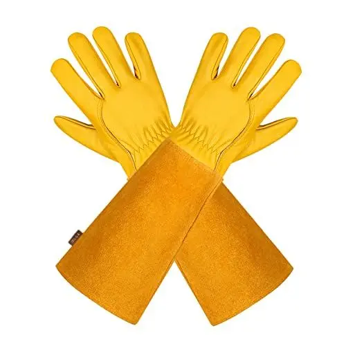 Produktbild: isilila Gartenhandschuhe aus Leder für Damen und Herren atmungsaktive Rosen-Handschuhe mit Dornschutzhandschuh, Lange Rindslederärmel, Gartenarbeitshandschuhe für Gärtner und Bauern, gelb