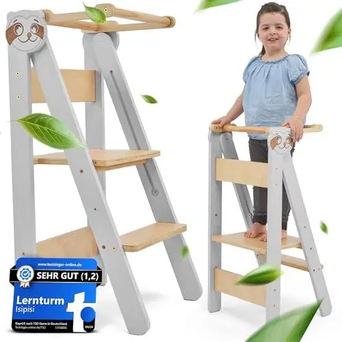 Produktbild: isipisi Lernturm ab 1 Jahr (Montessori) höhenverstellbarer Kinderturm – spielerisch motorische Fähigkeiten fördern – Steh- und Lern-Turm klappbar, Learning Tower, Faltbare Kindertreppe