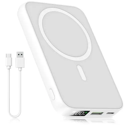 Produktbild: ISIX Wireless Powerbank 10000mAh, Magnetische Power Bank Kompatibel mit Mag-Safe für iPhone 12/13/14/15, PD20W+QC22.5W Schnelles Laden Externe Akkus mit LED Display Leichtes & Tragbares Design, Weiß