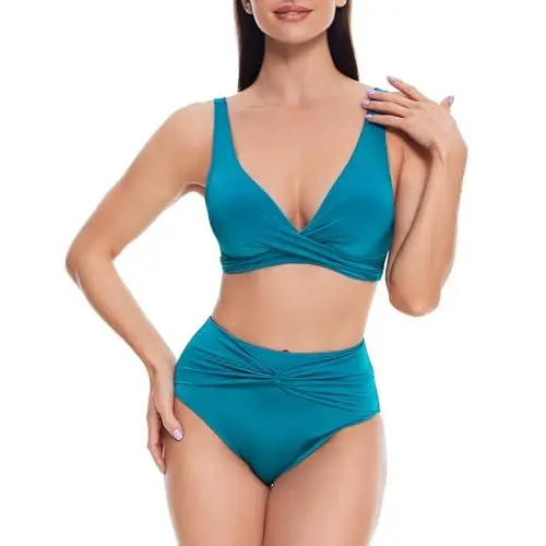 Produktbild: iSLASISIA Badeanzug für Damen, Twist-Front, hoch tailliertes Bikini-Set, Zweiteiliger Badeanzug（Olivgrün,EU38）