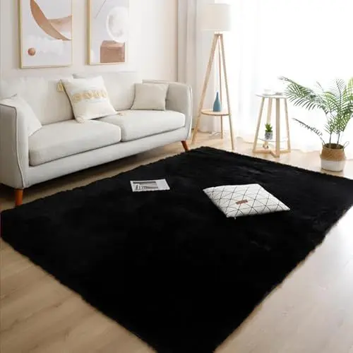 Produktbild: ISMOL Weicher Zottelteppich Flauschiger Flächenteppich Waschbarer Anti-Rutsch-Teppich Wohnzimmer Schlafzimmer Kinderzimmer Teppich Moderner einfarbiger (Schwarz, 120x180cm)