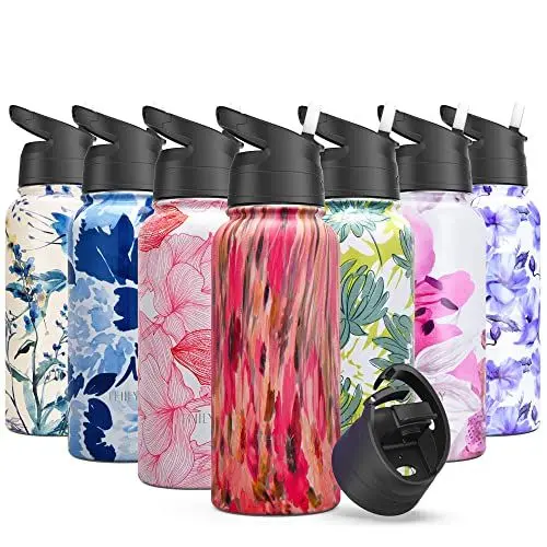 Produktbild: Isolierte Edelstahl-Wasserflasche - THILY Dreifach isolierte 945 ml auslaufsichere Weithals-Wasserflasche mit Strohhalm & Flip-Deckel, BPA-frei, für Fitnessstudio, Reisen, Wandern, Aquarell Blume