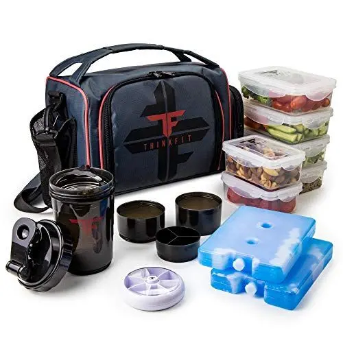 Produktbild: Isolierte Lunchbox mit 6 Meal Prep Boxen – BPA-Frei Wiederverwendbar Mikrowellen- und Gefriergeeignet – Lunch Tasche mit Shaker-Becher Pillen-Organizer Schultergurt und Kühlakkus - Kühltasche Rot