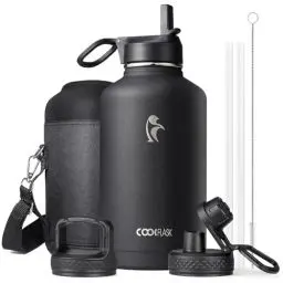 Produktbild: Isolierte Wasserflasche 2L, Coolflask Wasserflasche mit Strohhalm & 3 Deckeln, Isolierte Wasserflasche aus Edelstahl für Sport oder Büro, Doppeltes Vakuum auslaufsicher, Schwarz