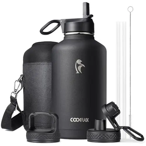 Produktbild: Isolierte Wasserflasche 2L, Coolflask Wasserflasche mit Strohhalm & 3 Deckeln, Isolierte Wasserflasche aus Edelstahl für Sport oder Büro, Doppeltes Vakuum auslaufsicher, Schwarz