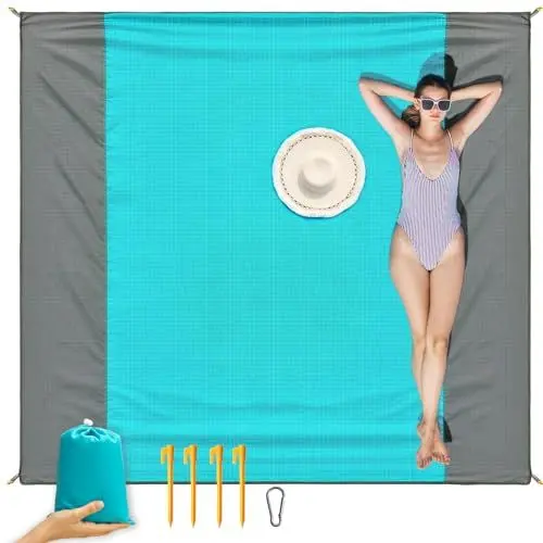 Produktbild: ISOPHO Picknickdecke, Stranddecke Wasserdicht, 200x210cm Strandmatte 4 Befestigung Ecken Stranddecke Sandfrei/Picknick für den Strand, Campen, Wandern und Ausflüge(Blau)