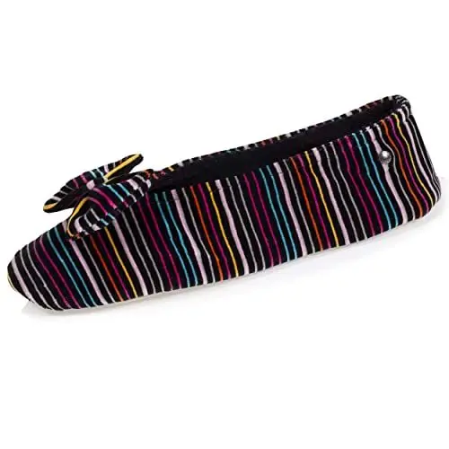 Produktbild: Isotoner Sehr bequeme Ballerina-Hausschuhe für Damen, aus Bio-Baumwolle und Sohle aus Leder, große Schleife, streifen, 37/38 EU