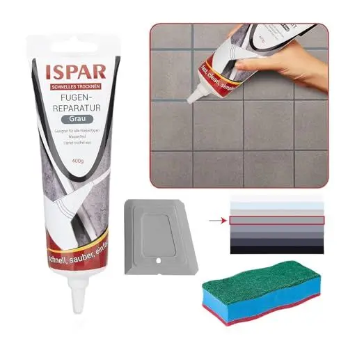 Produktbild: ISPAR Fugenmörtel Grau 400g - Fugenfüller & Fugenmasse für Fliesenfugen – Mit Spachtel & Schwamm – Geruchsneutral & Schnell trocknend – Ideal für Fugenreparatur