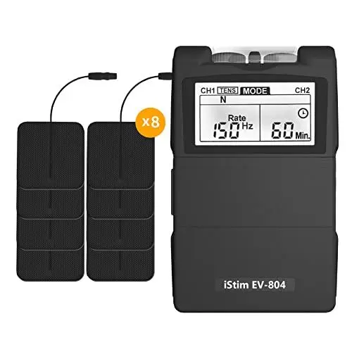 Produktbild: iStim EV-804 TENS/EMS Reizstromgerät – 2-Kanal Muskelstimulator zur Schmerztherapie & Muskelaufbau – 24 Programme, 7 Modi, inkl. 8 Elektrodenpads, für Rücken, Nacken, Knie