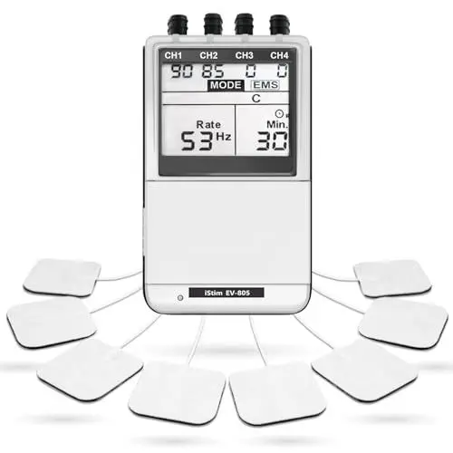 Produktbild: iStim EV-805 TENS EMS Gerät – 4-Kanal Reizstromgerät & Muskelstimulator zur Schmerztherapie – EMS Trainingsgerät für Rücken, Nacken, Schultern, Beine – mit 16 Elektrodenpads & AA-Batterien